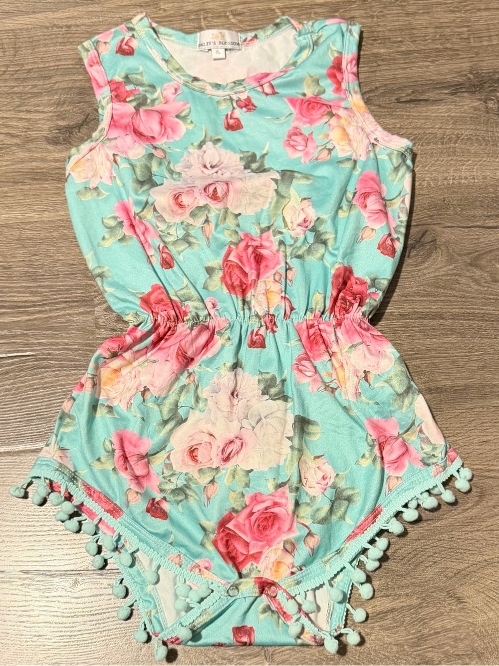 Girls 3t Floral Pom-Trim Romper in Aqua and Pink Baileys Blossoms